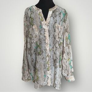 Covington Woman Semi Sheer Brown Cream Snake Print Long Sleeve Blouse Size 2X